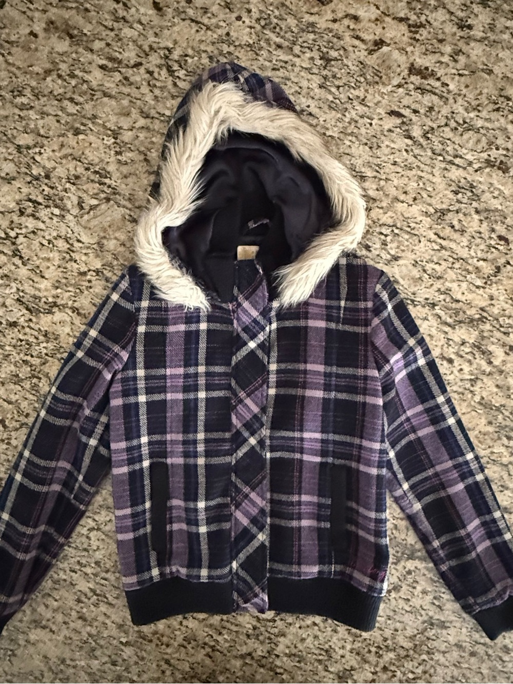Billabong Girls Purple Plaid Hooded Jacket with Faux Fur Trim Child small